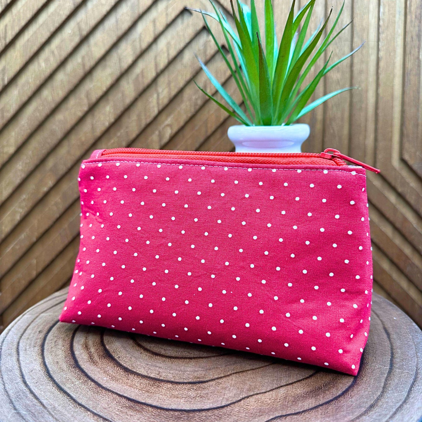 red with white polka dots zippered make up bag