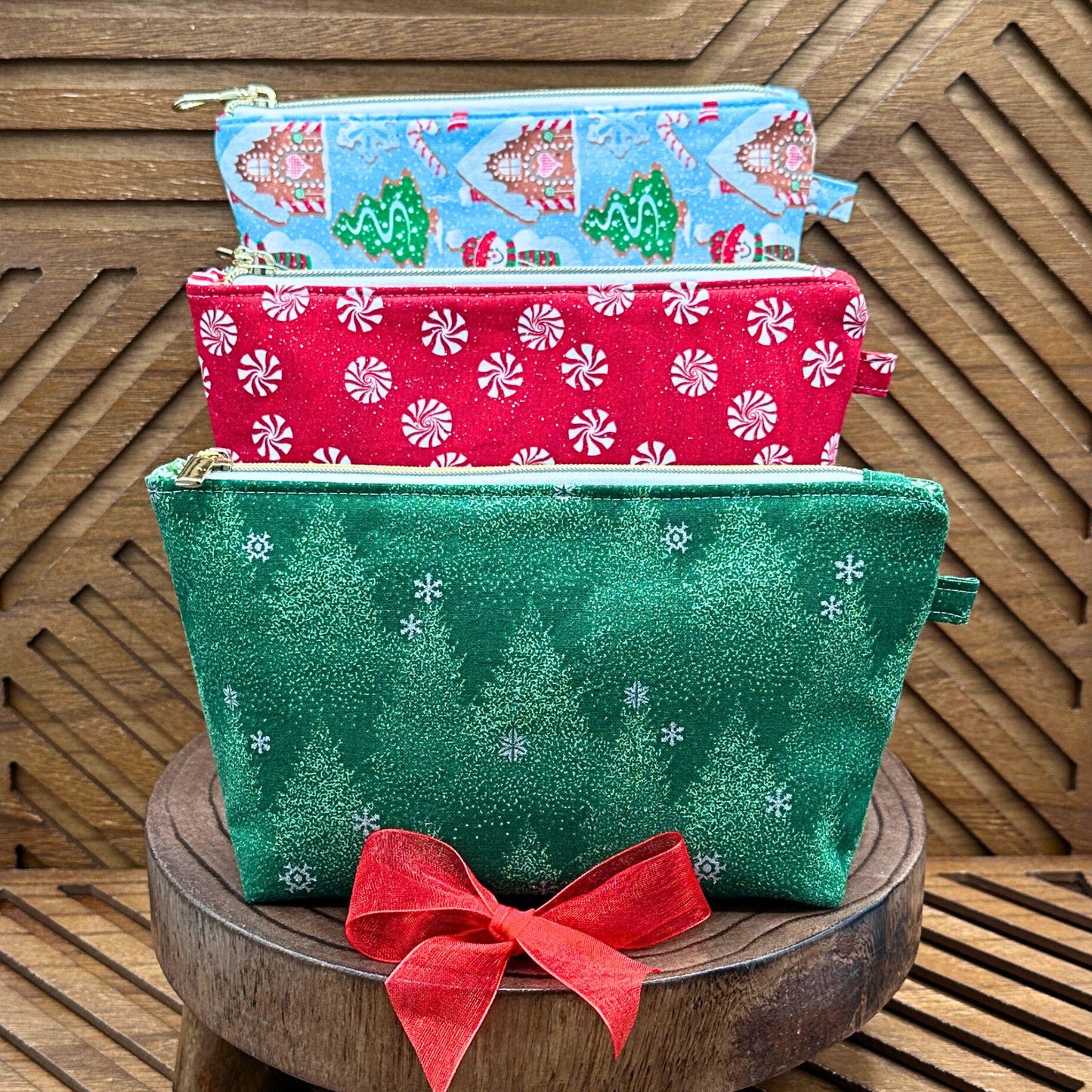 Christmas Make up bags in various Christmas prints