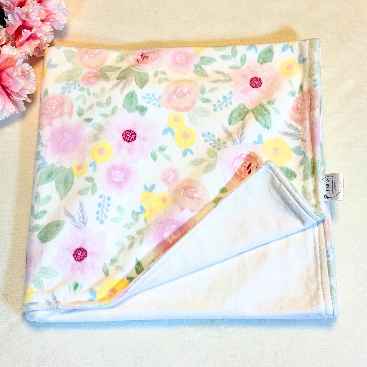 Pink Floral Minky and Flannel Baby Blanket, Dreamy Floral Minky Baby Wrap, Soft Floral Minky Snuggle Blanket, Plush Stroller Blanket