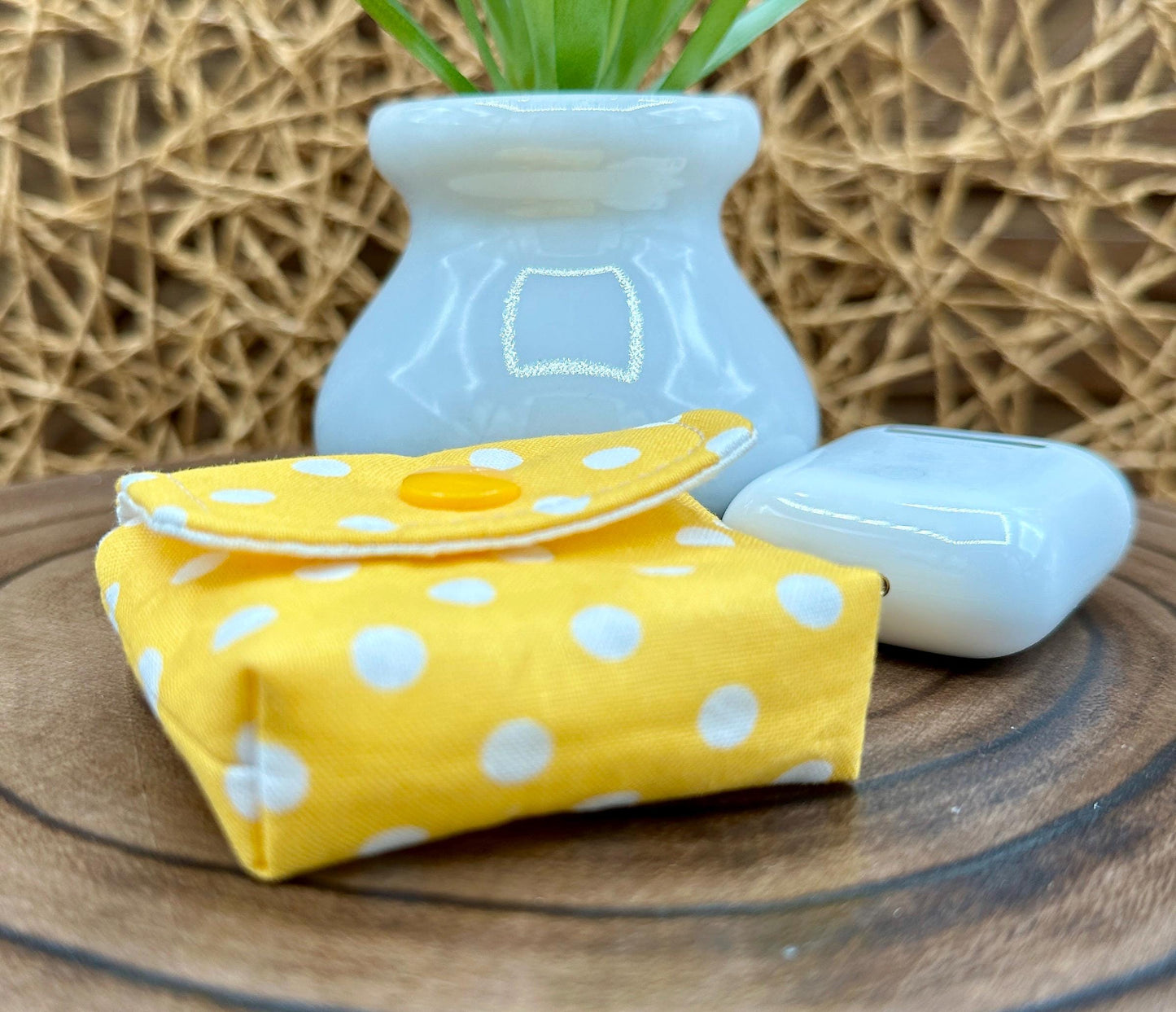 Wireless earbud case, Sunny Yellow with White Polka Dot Fabric with snap closure and swivel clasp for protection and convenience, 3X3X.75"