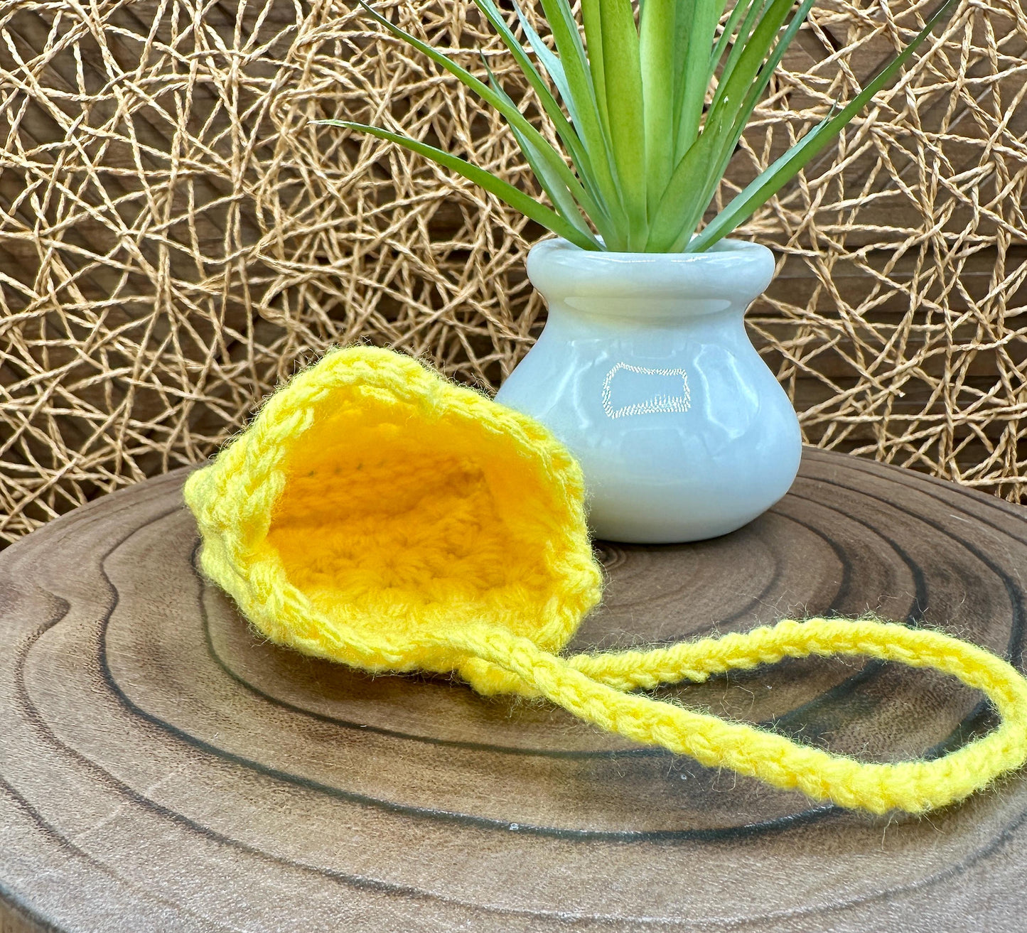 Yellow Crocheted Wireless earbud case, compatible with AirPods, measures 3 T 3 H .25 D, Pretty Granny Square Design