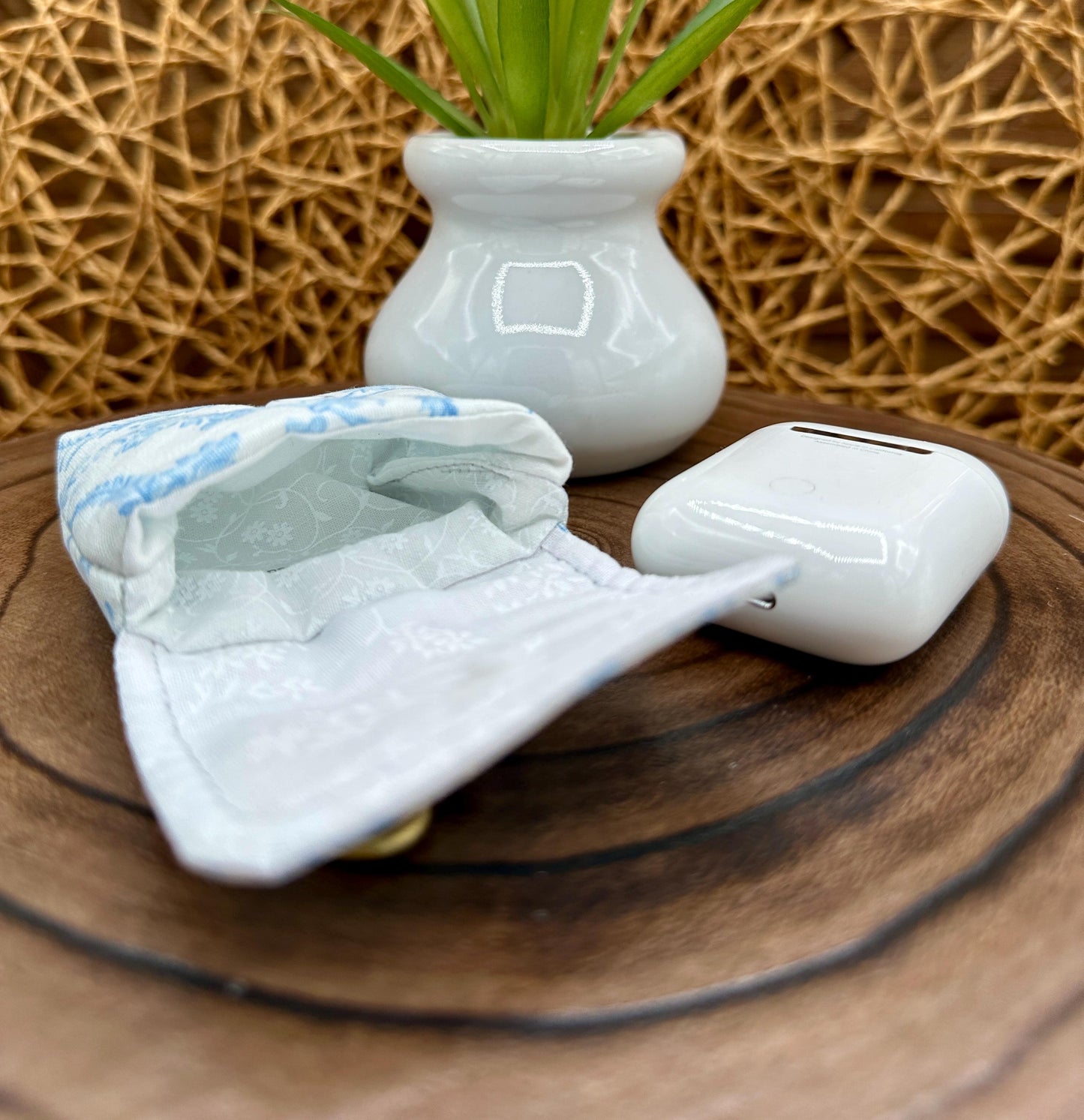 Wireless earbud case, Elegant Blue Vintage Coquette Fabric with Snap Closure and Swivel Clasp for Added Protection and Convenience, 3X3X.75"