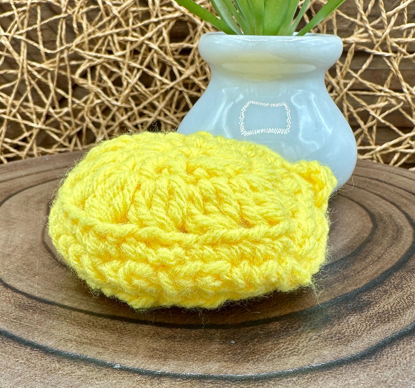 Yellow Crocheted Wireless earbud case, compatible with AirPods, measures 3.5 T 3.5 H .25 D, Pretty Round Design