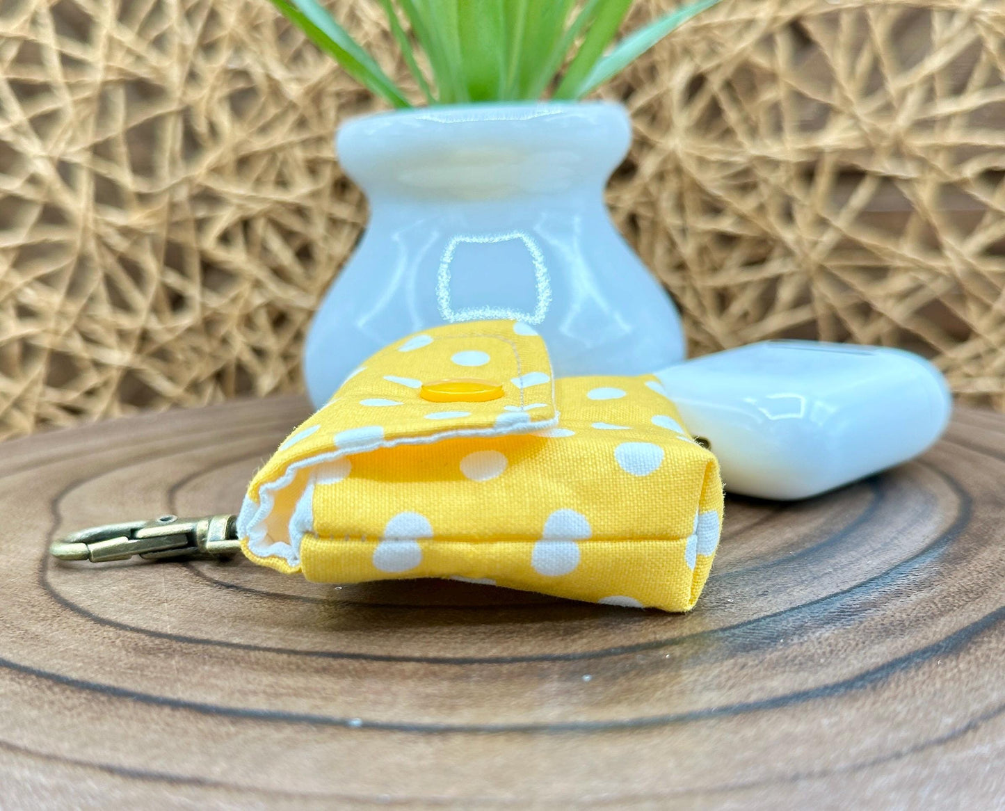 Wireless earbud case, Sunny Yellow with White Polka Dot Fabric with snap closure and swivel clasp for protection and convenience, 3X3X.75"