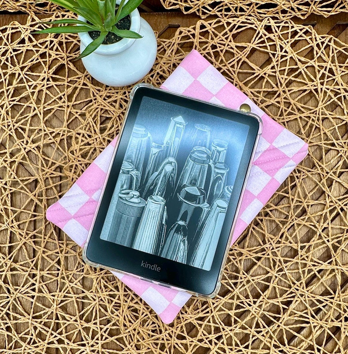 Kindle Paperwhite Sleeve - Cute Pink Checkered Print, Foam Padded for Secure Device Storage, Add Snap and Personalization to make it yours!