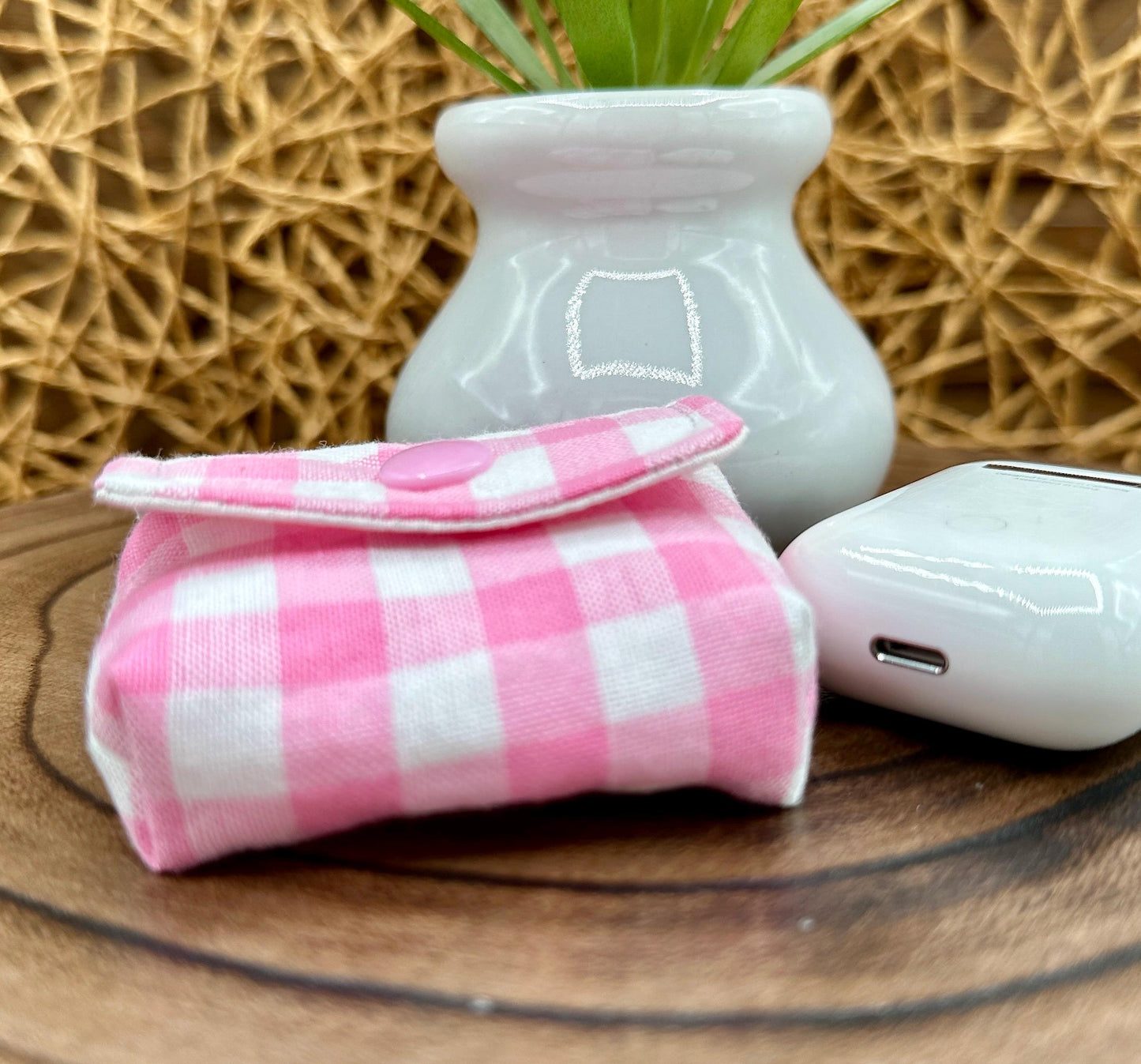 Wireless earbud case, Super Cute Pink Gingham Fabric with snap closure and swivel clasp for added protection and convenience, 3X3X.75"