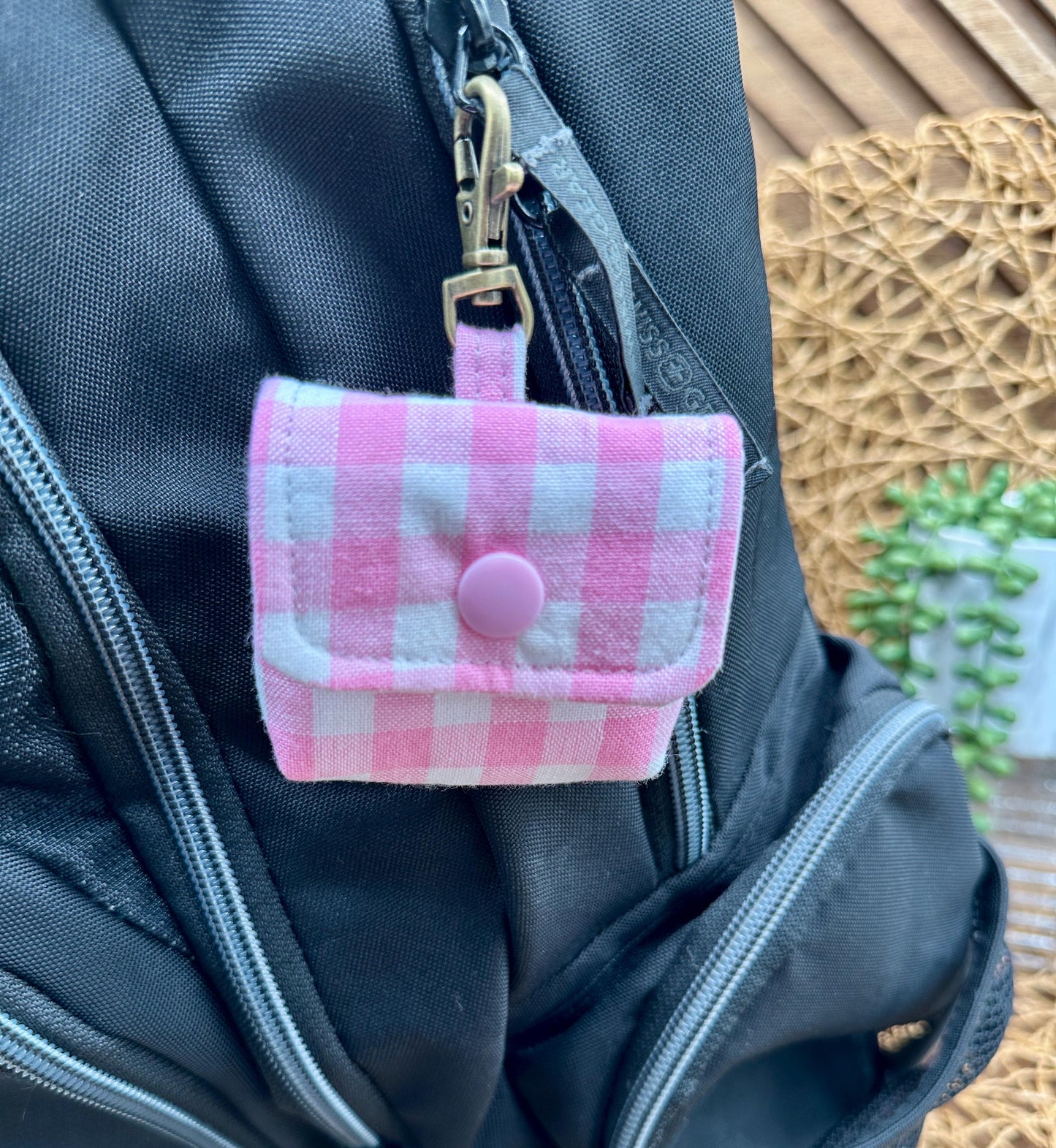 Wireless earbud case, Super Cute Pink Gingham Fabric with snap closure and swivel clasp for added protection and convenience, 3X3X.75"
