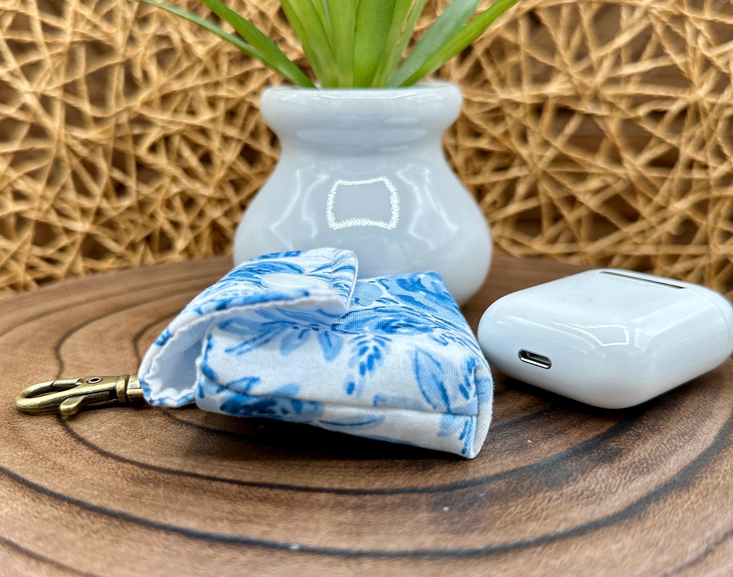 Wireless earbud case, Feminine Blue Floral Fabric with Snap Closure and Swivel Clasp for Stylish Protection and Convenience, 3X3X.75"