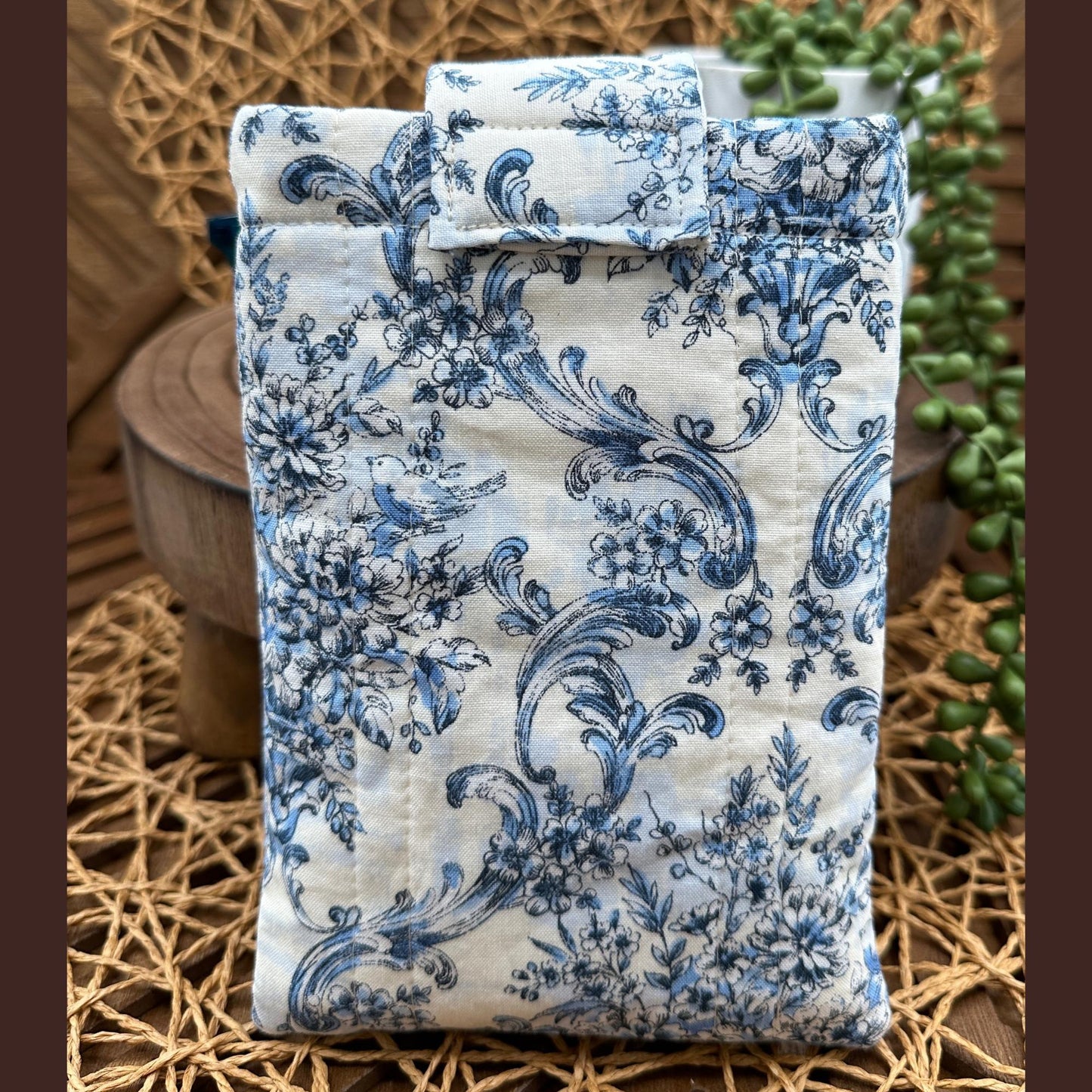 Kindle Basic 10th Generation Sleeve - Elegant Blue Floral and Bird Antique Print Tablet Case - Multi-Functional Pouch for Kindle & More