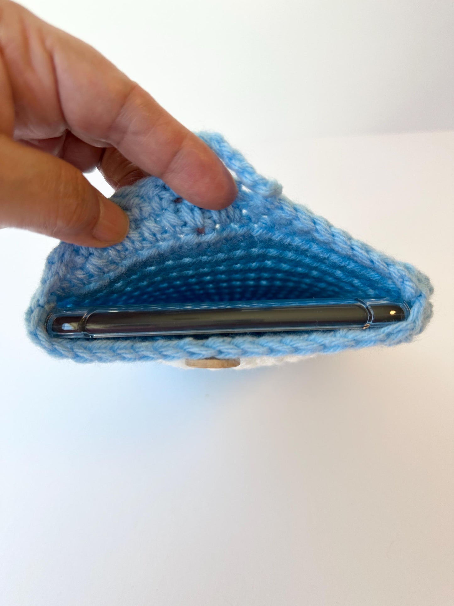 Blue Crocheted Kindle Sleeve with White Flower Granny Square & Wood Button, Handmade E-Reader Cover, Gift for Book Lovers measures 7.5 X 5.5