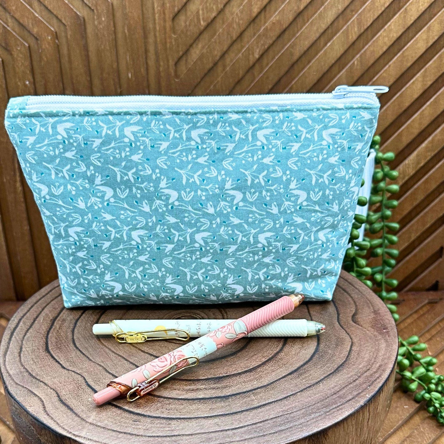 sage floral zippered make up bag