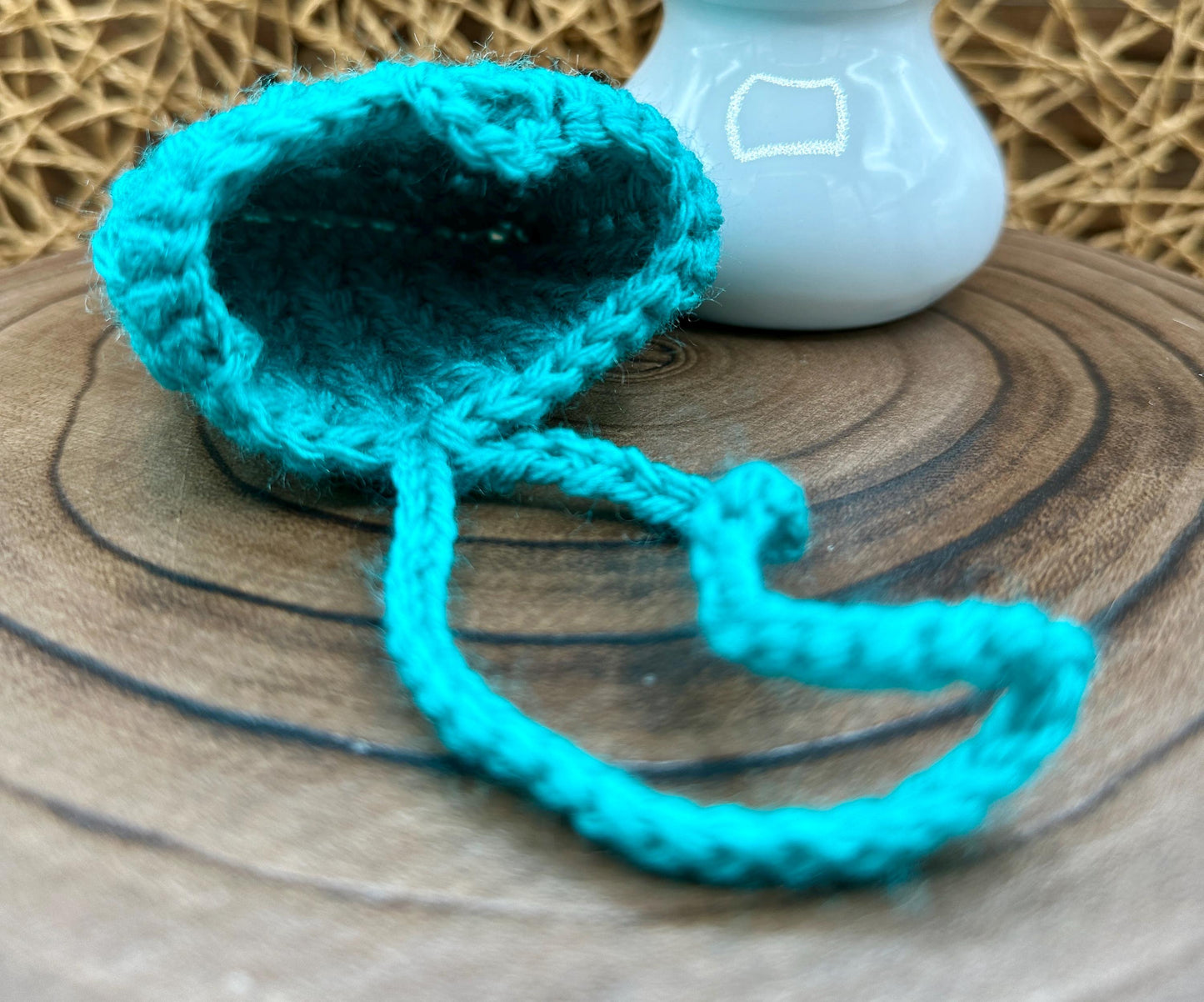 Blue Crocheted Wireless earbud case, compatible with AirPods, measures 3 T 3 H .25 D, Pretty Crochet Stitch Design