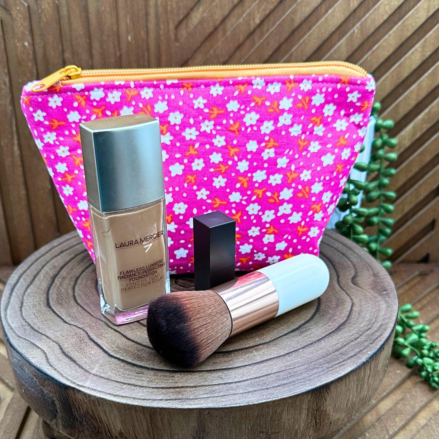 pink with white flowers zippered make up bag