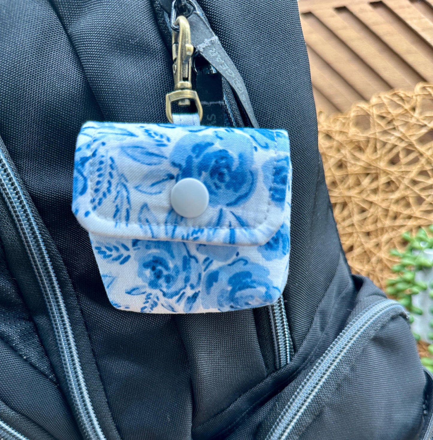 Wireless earbud case, Feminine Blue Floral Fabric with Snap Closure and Swivel Clasp for Stylish Protection and Convenience, 3X3X.75"