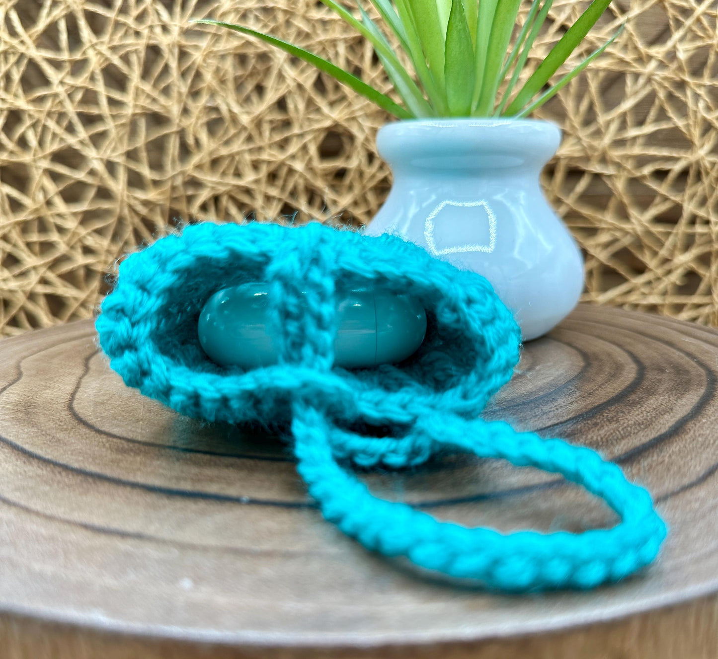 Blue Crocheted Wireless earbud case, compatible with AirPods, measures 3 T 3 H .25 D, Pretty Crochet Stitch Design