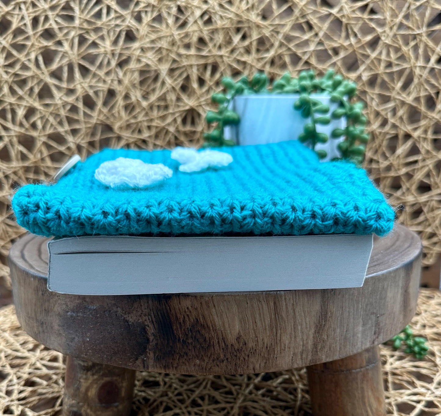 Flower Power Book Sleeve, Soft Crochet in Teal Blue Yarn with White Flowers, Secure Wood Button Closure Measures about 9X6"