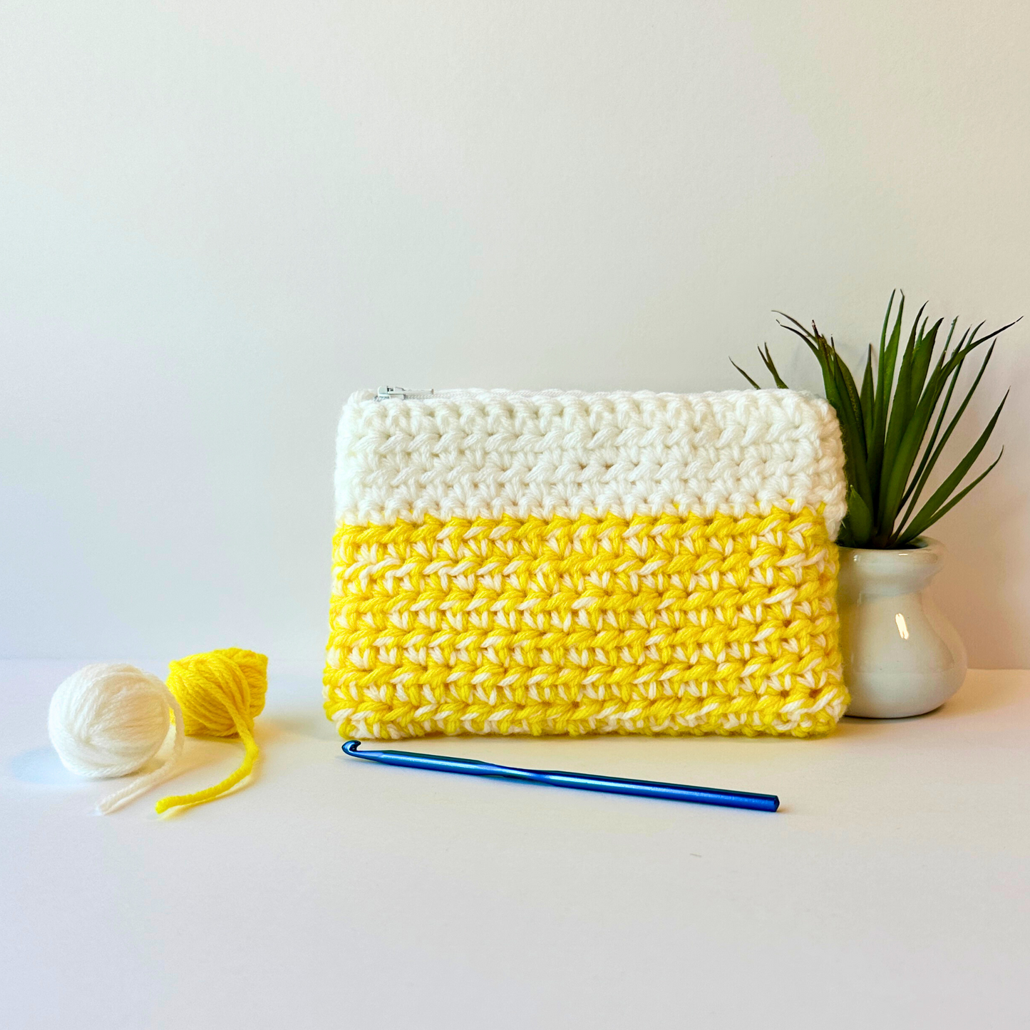 Yellow and White Crocheted Zippered Pouch with Floral Lining