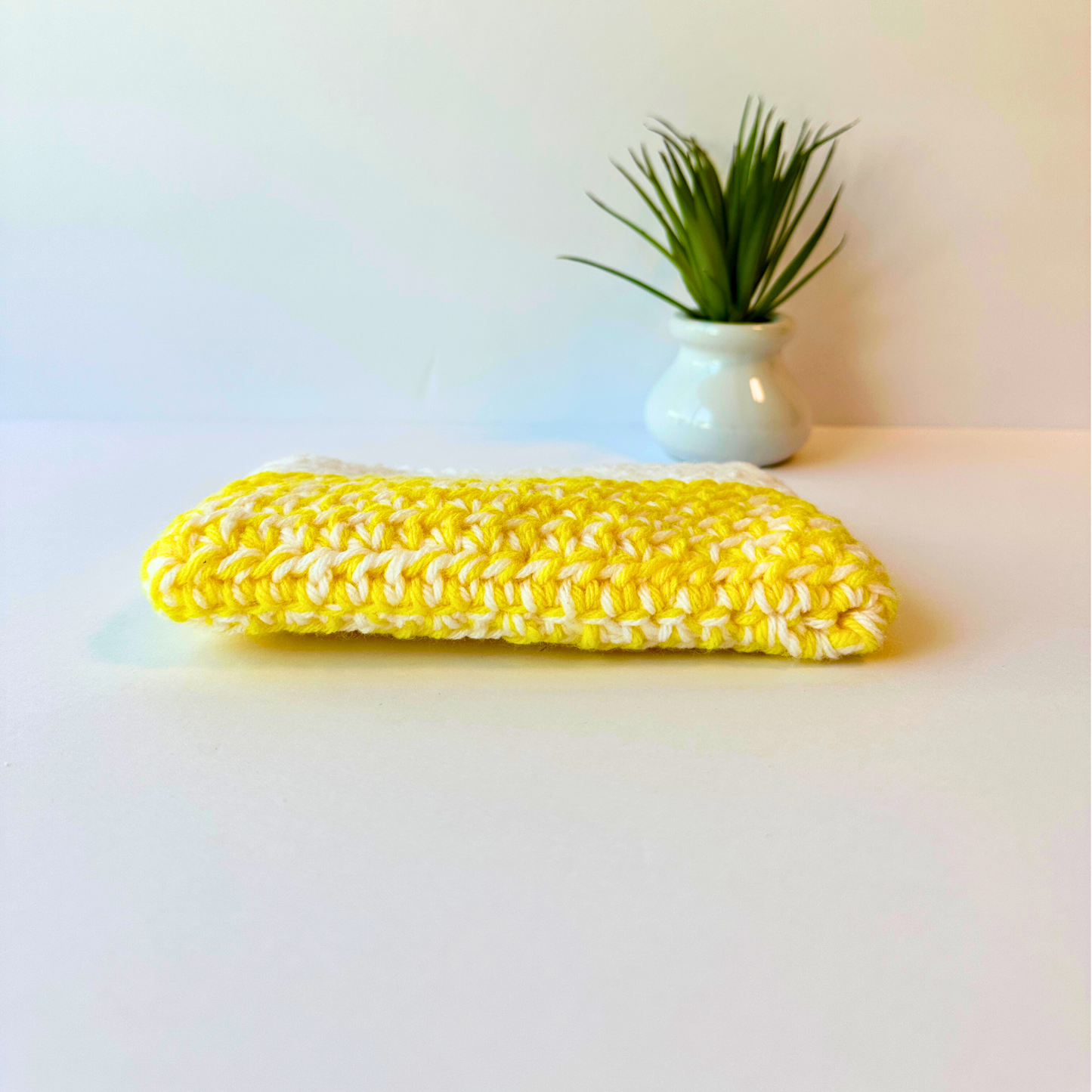 Yellow and White Crocheted Zippered Pouch with Floral Lining