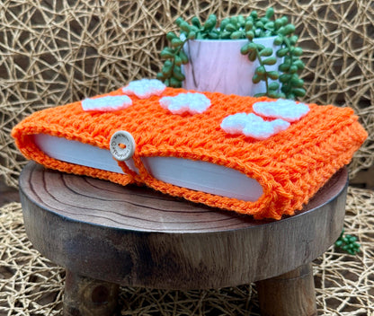 Flower Power Book Sleeve, Soft Crochet in Orange Yarn with White Flowers, Secure Wood Button Closure Measures about 8.5 X6.5"
