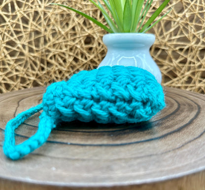 Blue Crocheted Wireless earbud case, compatible with AirPods, measures 3 T 3 H .25 D, Pretty Crochet Stitch Design