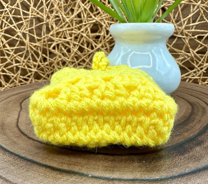 Yellow Crocheted Wireless earbud case, compatible with AirPods, measures 3 T 3 H .25 D, Pretty Granny Square Design