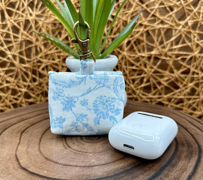 Wireless earbud case, Elegant Blue Vintage Coquette Fabric with Snap Closure and Swivel Clasp for Added Protection and Convenience, 3X3X.75"