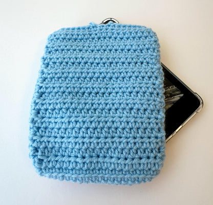 Blue Crocheted Kindle Sleeve with White Flower Granny Square & Wood Button, Handmade E-Reader Cover, Gift for Book Lovers measures 7.5 X 5.5