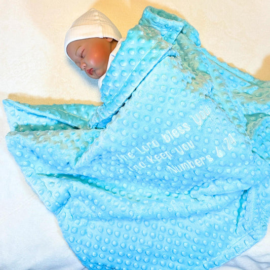 Bue dot minky baby blanket featuring a sweet scripture