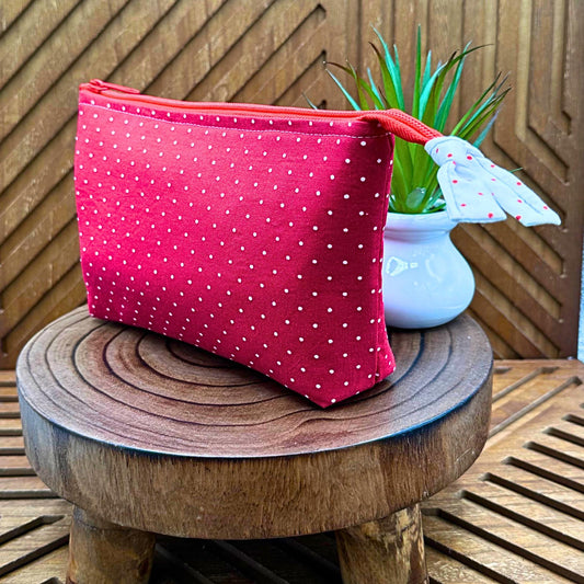 red and white polka dot zippered make up bag
