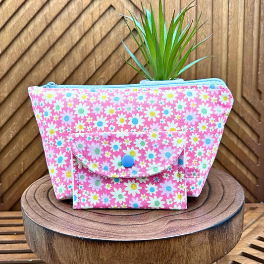 pink with white and lilac flowers zippered make up bag and small snap pouch set
