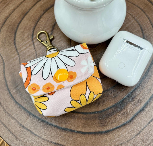 Wireless earbud case, Groovy Flower Power Fabric with snap closure and swivel clasp for Stylish protection and convenience, 3X3X.75"