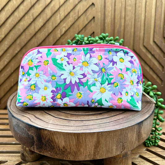 white pink and purple floral zippered make up bag