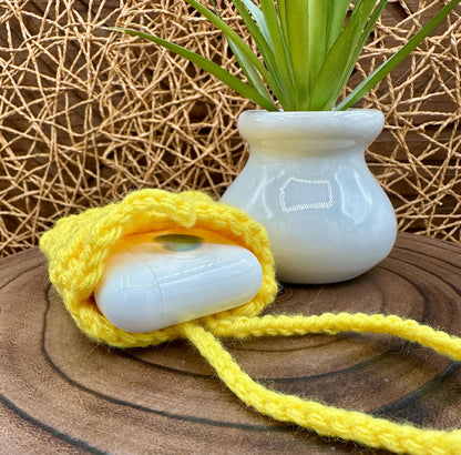 Yellow Crocheted Wireless earbud case, compatible with AirPods, measures 3 T 3 H .25 D, Pretty Granny Square Design