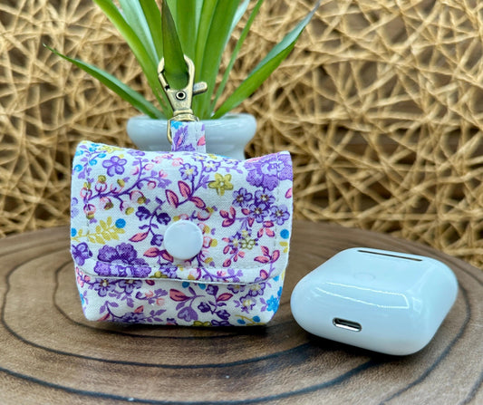 Wireless earbud case, Cute Purple and Yellow floral fabric with snap closure and swivel clasp for added protection and convenience, 3X3X.75"