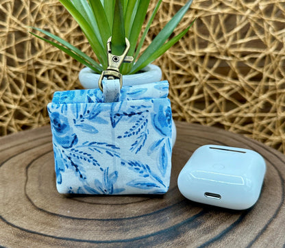 Wireless earbud case, Feminine Blue Floral Fabric with Snap Closure and Swivel Clasp for Stylish Protection and Convenience, 3X3X.75"