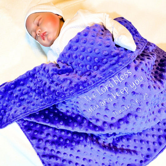 Cozy Minky Baby Blanket - Adorable Purple Dot Embroidery for Every Cuddle!