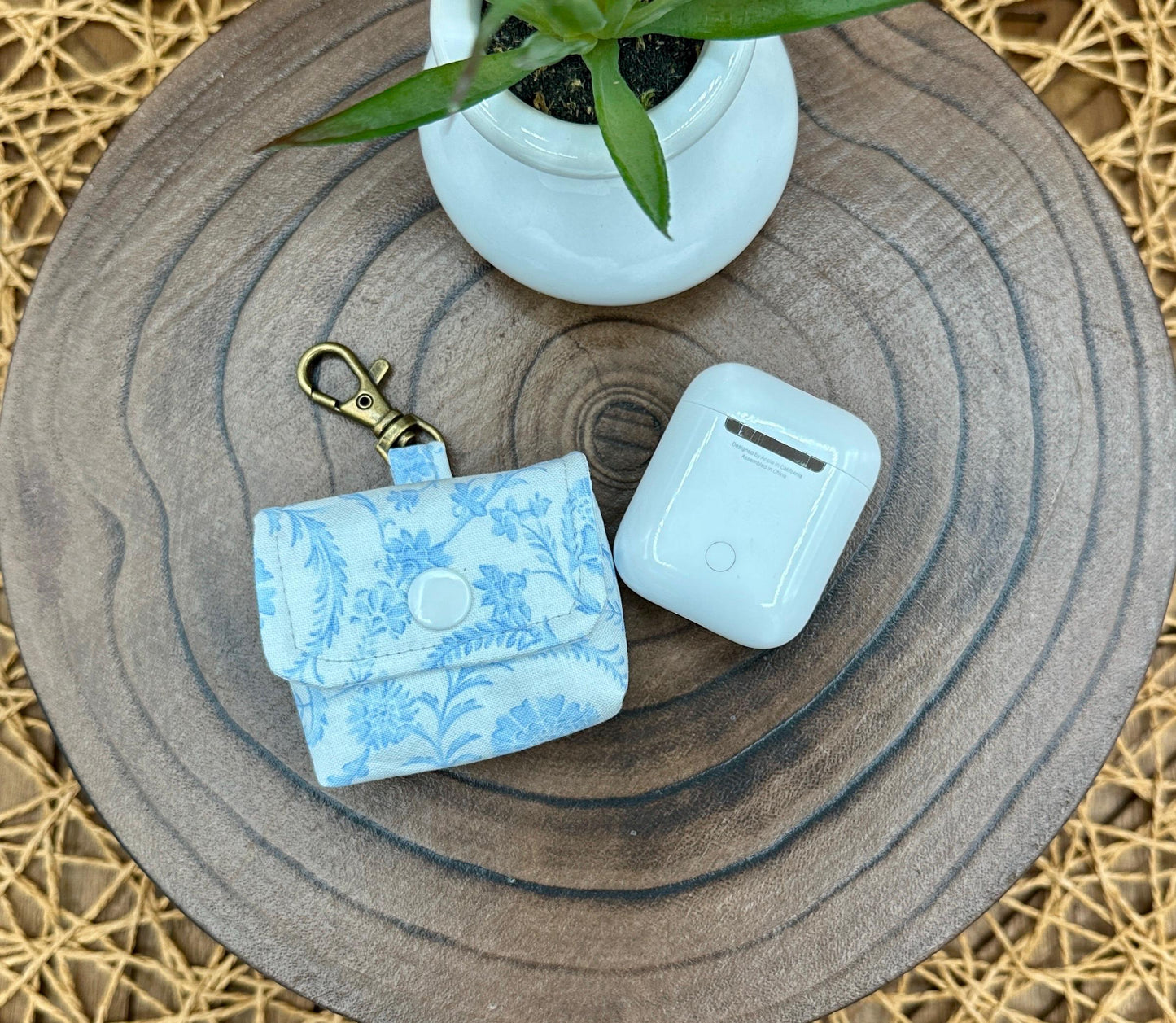 Wireless earbud case, Elegant Blue Vintage Coquette Fabric with Snap Closure and Swivel Clasp for Added Protection and Convenience, 3X3X.75"