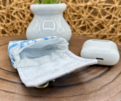 Wireless earbud case, Feminine Blue Floral Fabric with Snap Closure and Swivel Clasp for Stylish Protection and Convenience, 3X3X.75"