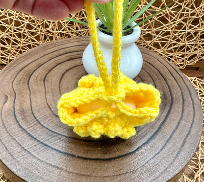 Yellow Crocheted Wireless earbud case, compatible with AirPods, measures 3 T 3 H .25 D, Pretty Raised Flower Granny Square Design