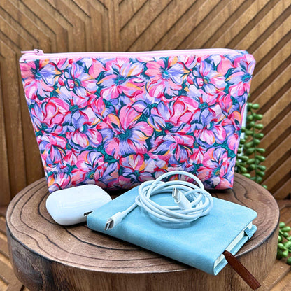 pink and lavender floral zippered make up bag