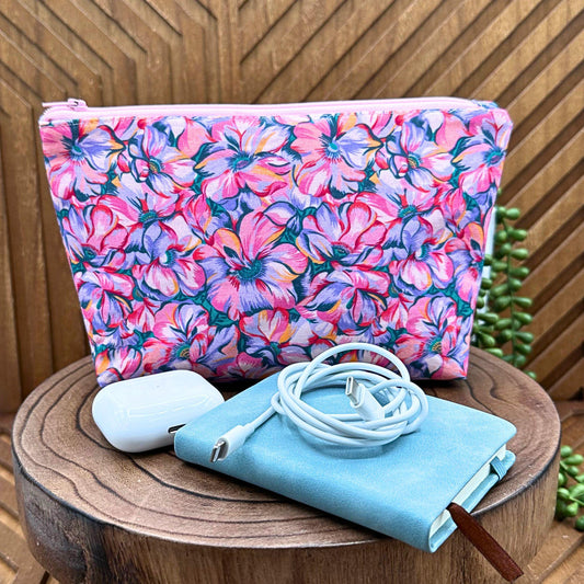 pink and lavender floral zippered make up bag