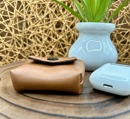 Brown Faux Leather Wireless earbud case, compatible with AirPods, snap closure swivel clasp included for easy and secure carry, 3X3X.75"