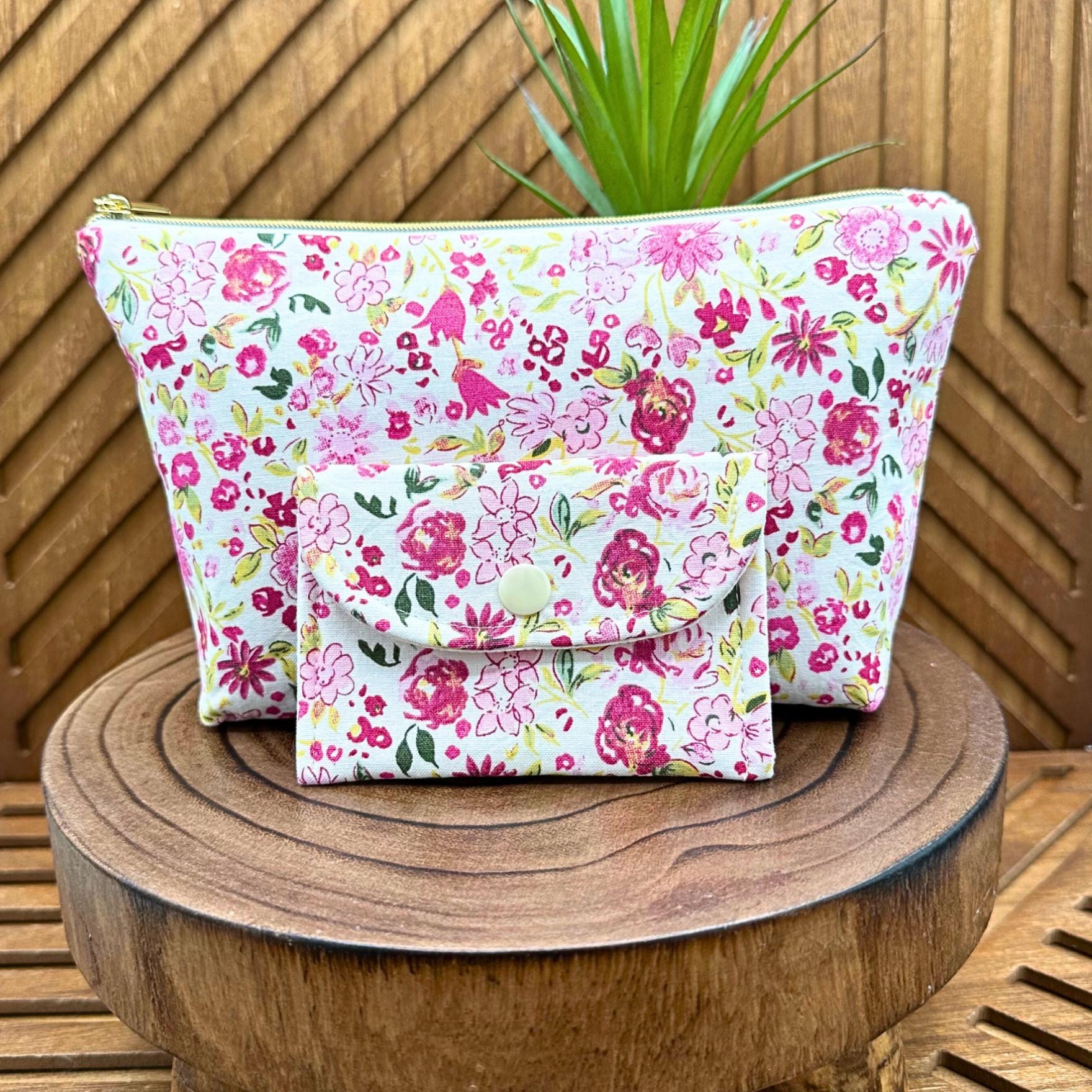 light and dark pink zippered make up bag and small snap pouch set