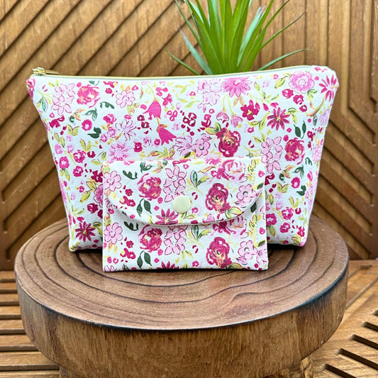 light and dark pink zippered make up bag and small snap pouch set