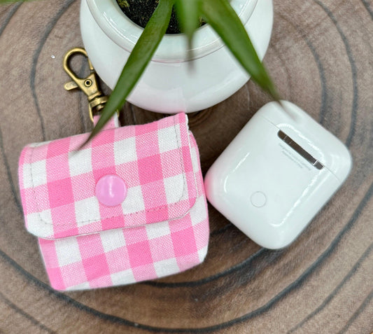 Wireless earbud case, Super Cute Pink Gingham Fabric with snap closure and swivel clasp for added protection and convenience, 3X3X.75"