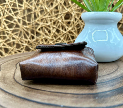 Brown Faux Leather Wireless earbud case, compatible with AirPods, snap closure swivel clasp included for easy and secure carry, 3X3X.75"