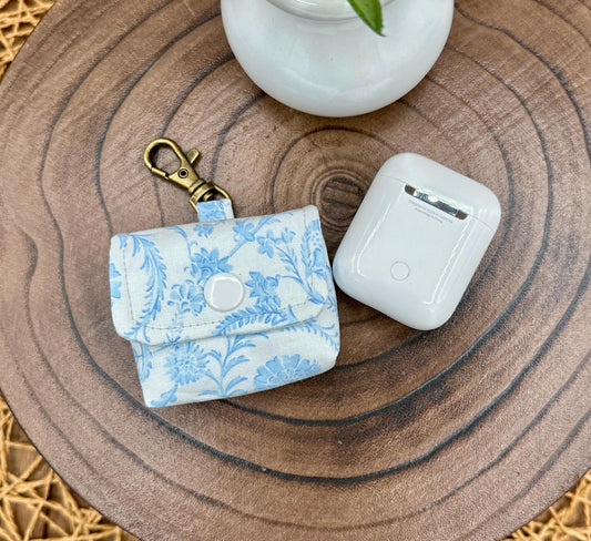 Wireless earbud case, Elegant Blue Vintage Coquette Fabric with Snap Closure and Swivel Clasp for Added Protection and Convenience, 3X3X.75"