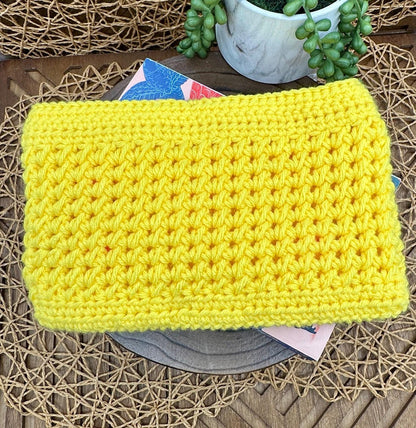 Flower Power Book Sleeve, Soft Crochet in Yellow Yarn with Orange Flowers, Secure Wood Button Closure Measures about 10 X6 "