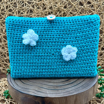 Flower Power Book Sleeve, Soft Crochet in Teal Blue Yarn with White Flowers, Secure Wood Button Closure Measures about 9X6"