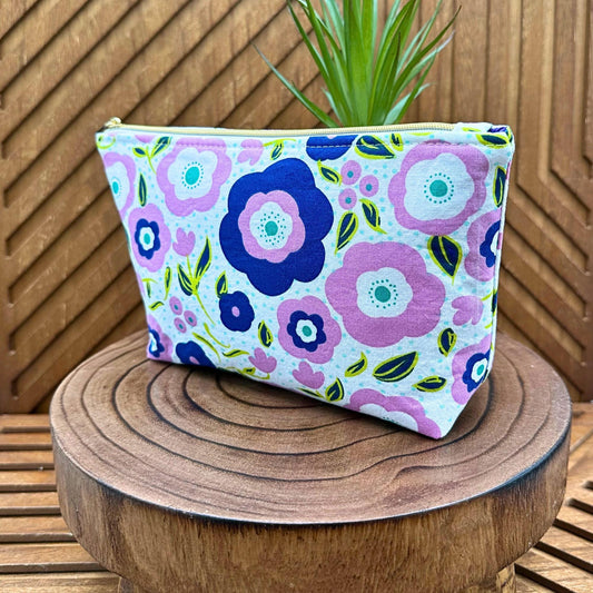 groovy purple pink and white flower zippered makeup bag
